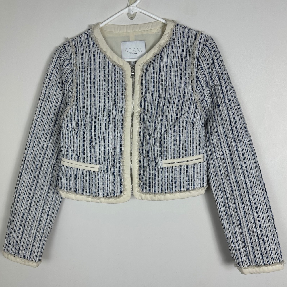 Adam Lippes Tweed Cropped Jacket Womens Size 10 Blue Silk Blend‎ $395 USD Coat - Picture 2 of 16